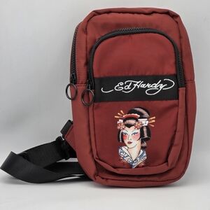 Ed Hardy Burgundy Crossbody Bag with Geisha Design